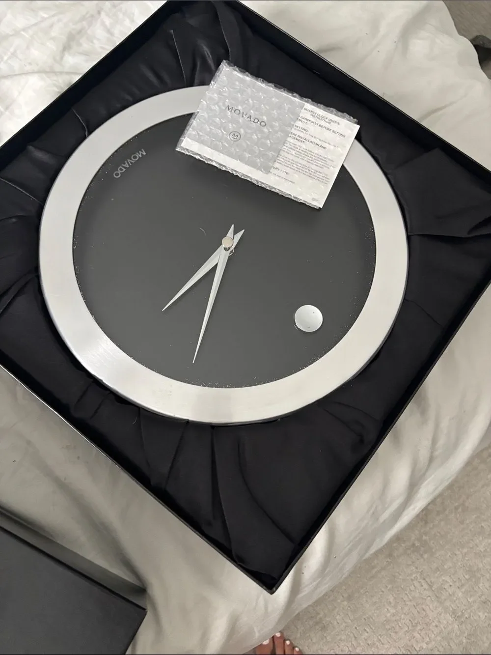 Movado Black Dial Wall Clock with Silver Rim original box with padding